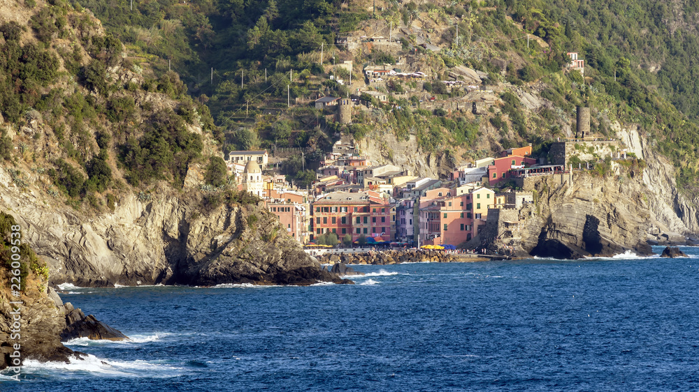 The beautiful village of Vernazza seen from Monterosso al mare, Cinque Terre, La Spezia, Liguria, Italy