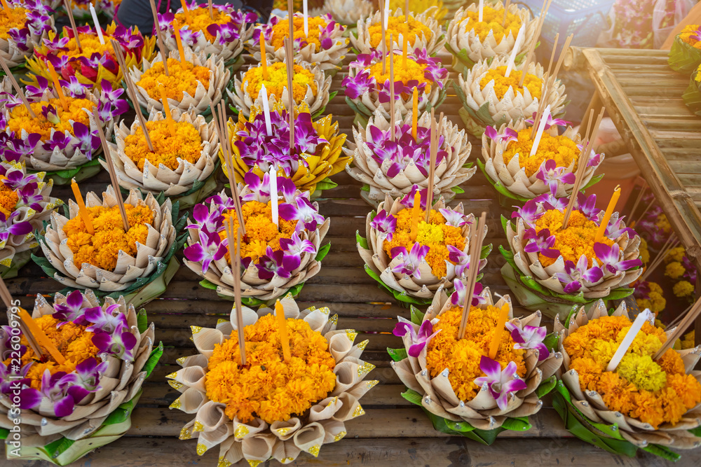 Kratong of floating basket by banana leaf for Loy Kratong Festival or Thai New Year  and river goddess worship ceremony,the full moon of the 12th month Be famous festival of Thailand.
