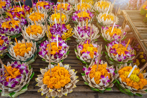 Kratong of floating basket by banana leaf for Loy Kratong Festival or Thai New Year  and river goddess worship ceremony,the full moon of the 12th month Be famous festival of Thailand. © Thinapob