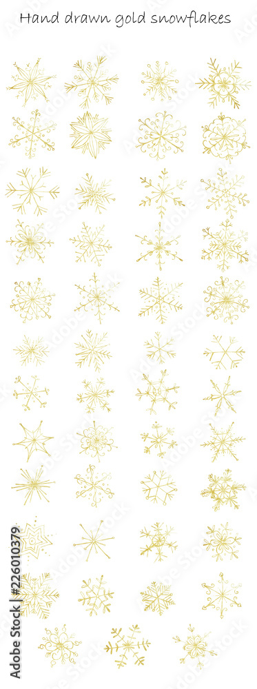 Set of gold handdrawn snowflakes 