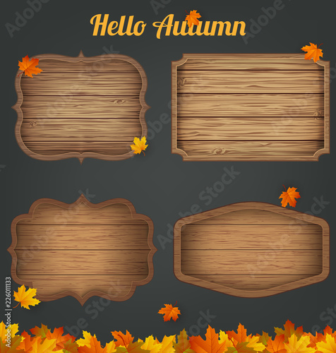 4 realistic wooden signs set. Decoration elements. Vintage style. Vector