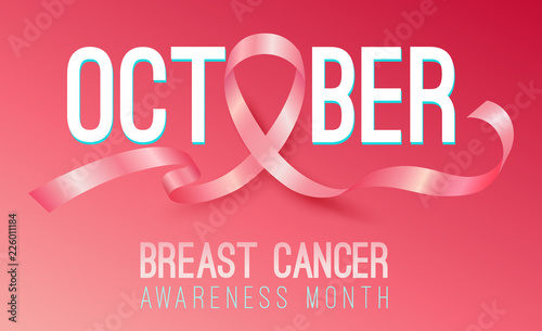 Realistic pink ribbon, october breast cancer awareness month. Banner, information poster design, template with symbol. Vector illustration.