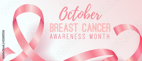 Realistic pink ribbon, october breast cancer awareness month. Banner, information poster design, template with symbol. Vector illustration.