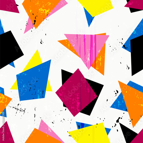 abstract geometric nineteen eighties style background pattern, with triangles, paint strokes and splashes 