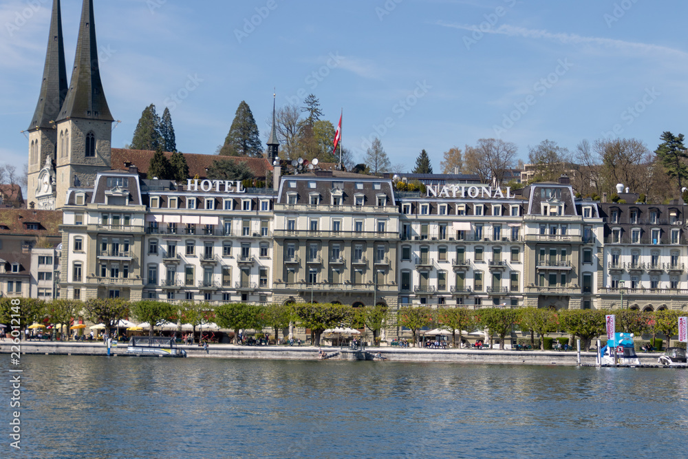 Naklejka premium view of the beatiful lake lucerne switzerland europe calm peaceful summer sunny day
