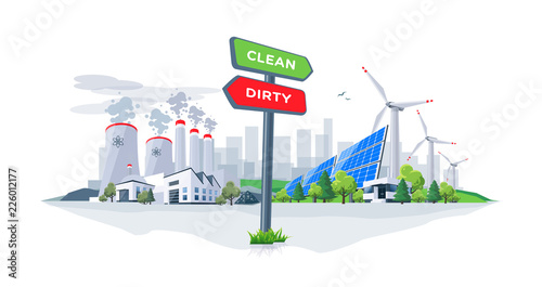 Vector illustration showing directional sign to clean or dirty electricity factory production. Polluting fossil thermal coal power plant versus clean solar panels and wind turbines renewable energy.