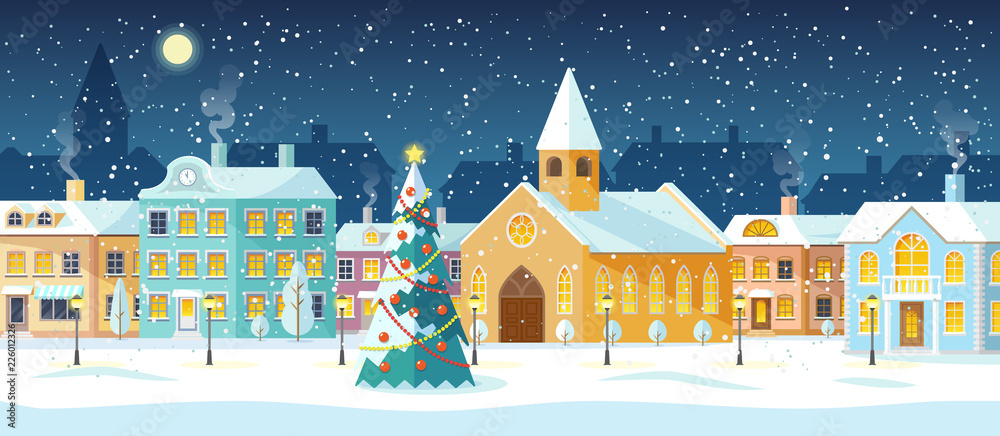 Fototapeta Winter cityscape, snowy street with Christmas tree. New Year urban landscape, Christmas time, snowfall, church, cozy houses with chimneys. Vector illustration in flat style.