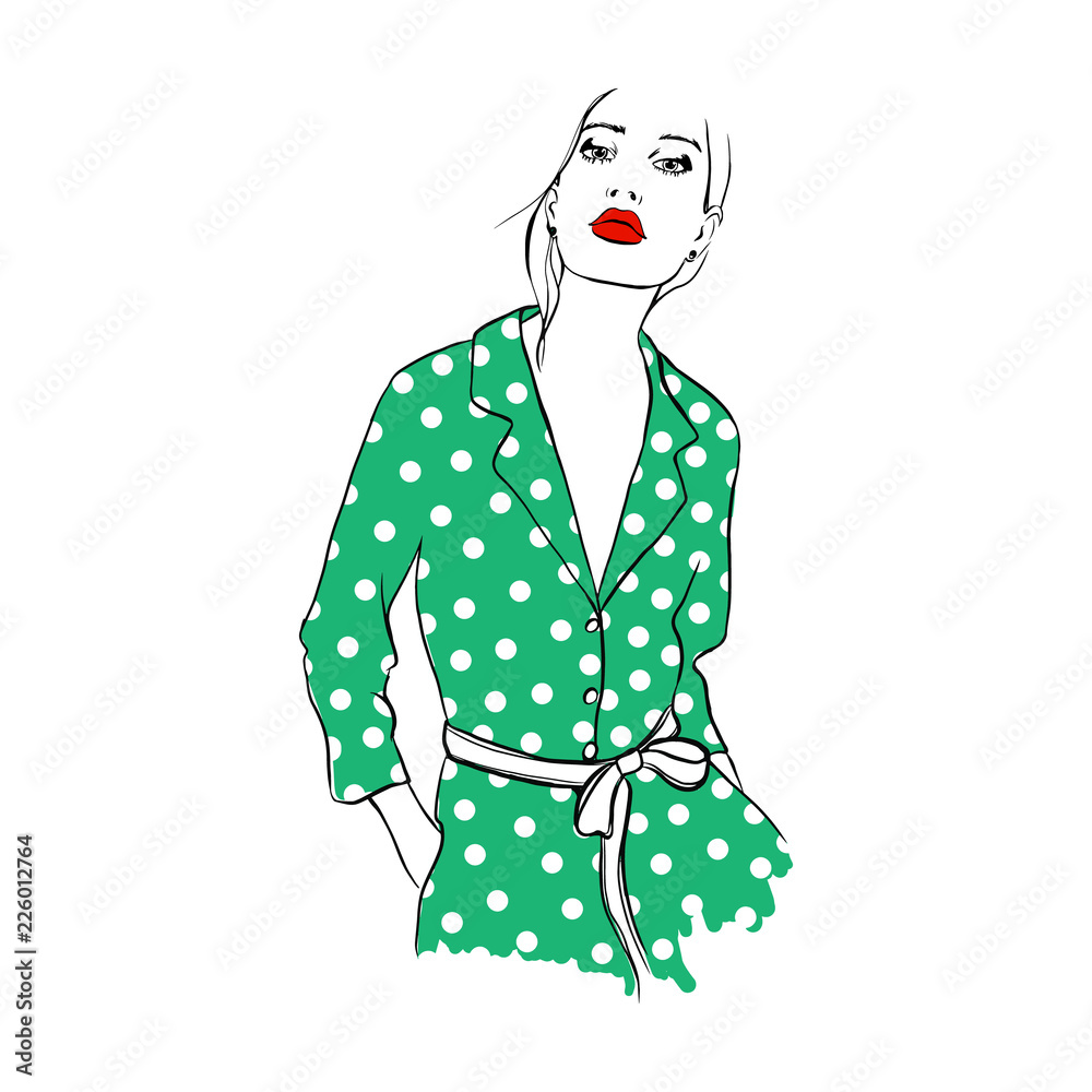 Fashion woman sketch with red lips. Beautiful young woman in green peas  shirt, overalls. Hand drawn fashion girl. Fashion model posing. Sketch.  Vector illustration. Graphic, sketch drawing. Stock Vector | Adobe Stock
