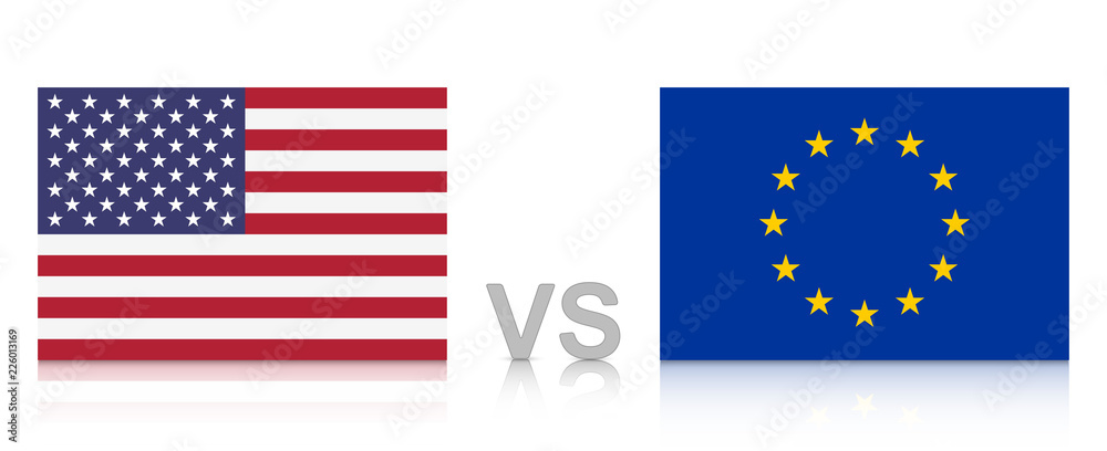 USA versus EU. The United States of America against the European Union. National flags with reflection. Vector Illustration EPS 10 USA versus EU. The United States of America against the European Union. National flags with reflection. Vector Illustration EPS 10