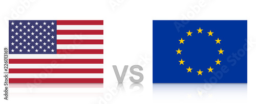 USA versus EU. The United States of America against the European Union. National flags with reflection. Vector Illustration EPS 10