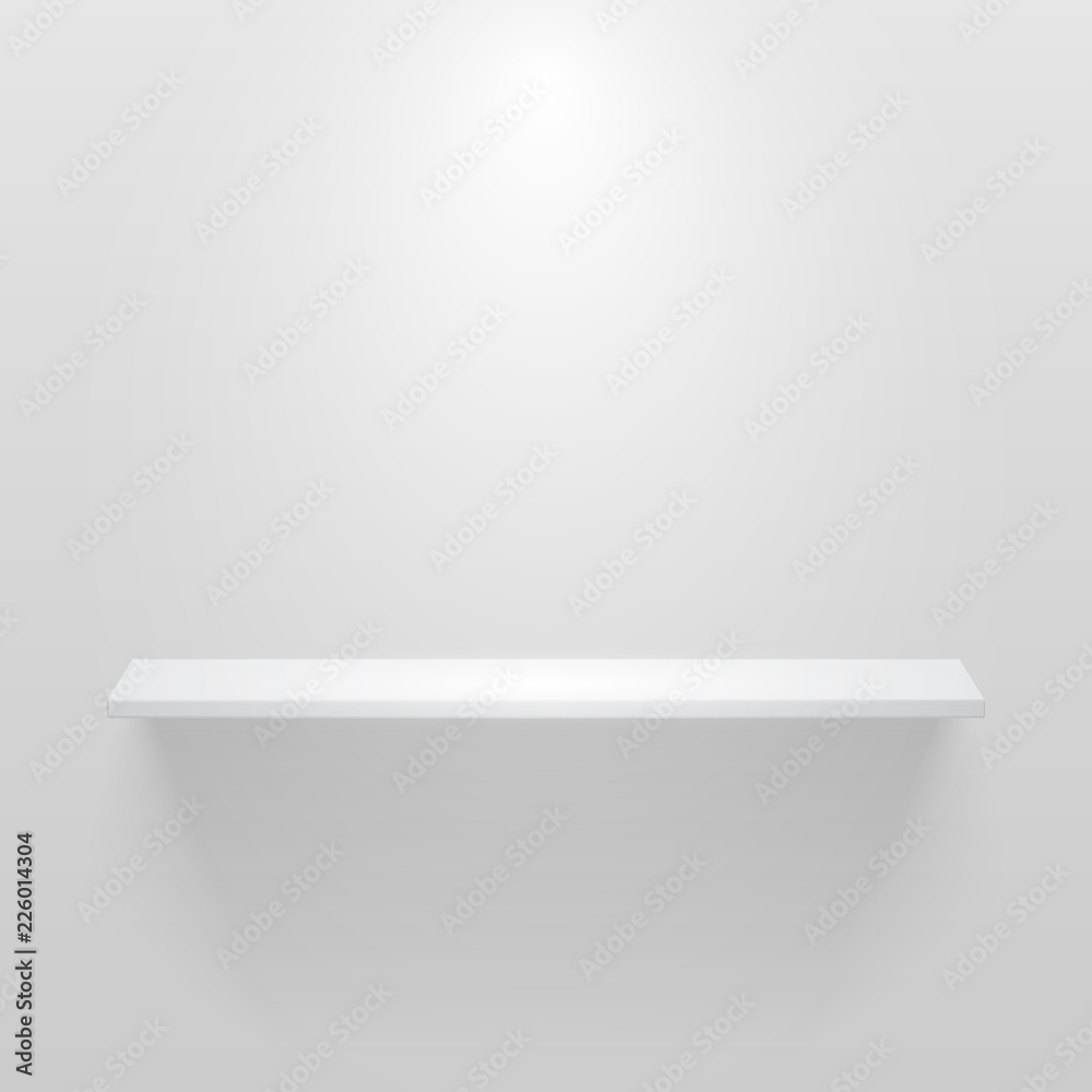 White empty shelf on white wall. Vector mockup White empty shelf on white wall. Vector mockup