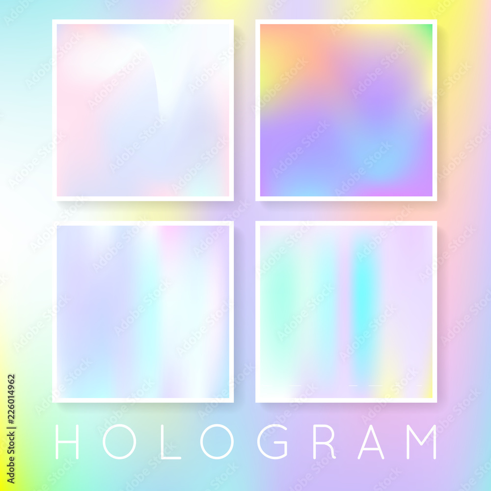 Holographic foil backgrounds set. Multicolor gradient backdrop with holographic foil. 90s, 80s retro style. Iridescent graphic template for brochure, flyer, poster, wallpaper, mobile screen.