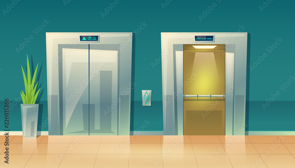 Fototapeta premium Vector cartoon illustration of empty hallway with elevators - closed doors and open. Modern interior of skyscraper, building. Metallic grey lift, steel frame. Tile floor in vestibule.