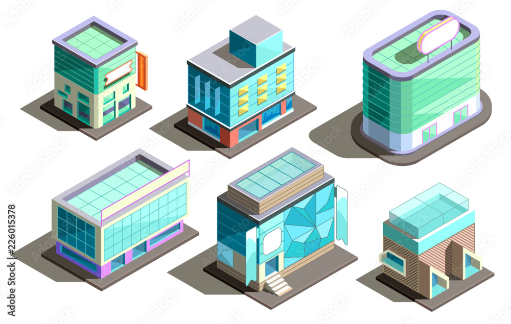 Vector set of isometric modern buildings in cartoon style. Collection of urban skyscrapers with glass elements. Town exterior, residential construction. Architecture, cityscape collection for design