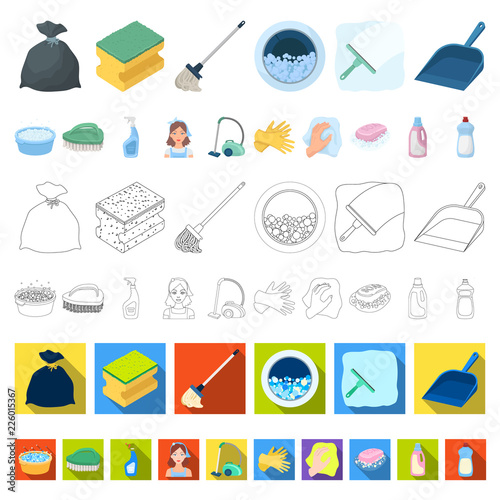Cleaning and maid cartoon icons in set collection for design. Equipment for cleaning vector symbol stock web illustration.