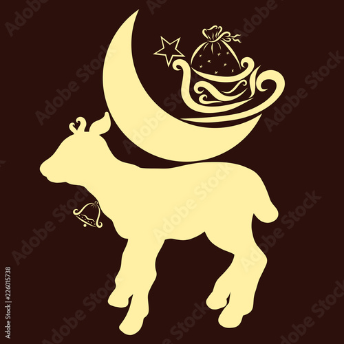 Little deer with the moon on his back, Santa's sleigh and gifts