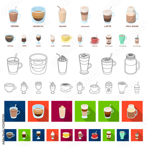 Different kinds of coffee cartoon icons in set collection for design. Coffee drink vector symbol stock web illustration.