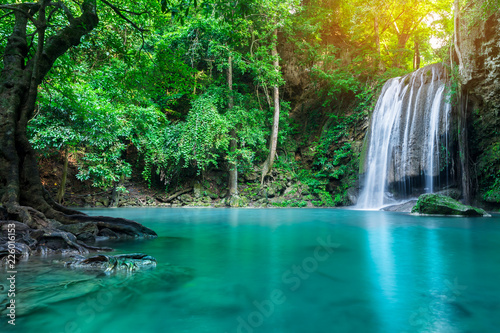 Erawan waterfall in tropical forest of national park  Thailand 