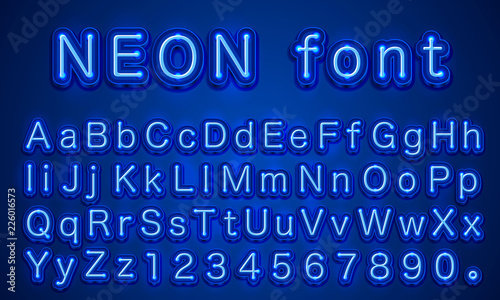 Neon city color blue font. English alphabet and numbers sign. Vector illustration