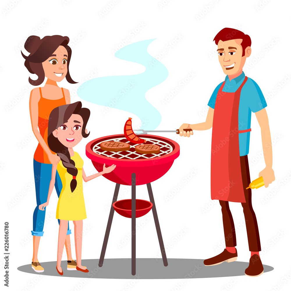Happy Family Having Barbecue In The Outdoor Vector. Isolated Illustration Happy Family Having Barbecue In The Outdoor Vector. Isolated Illustration