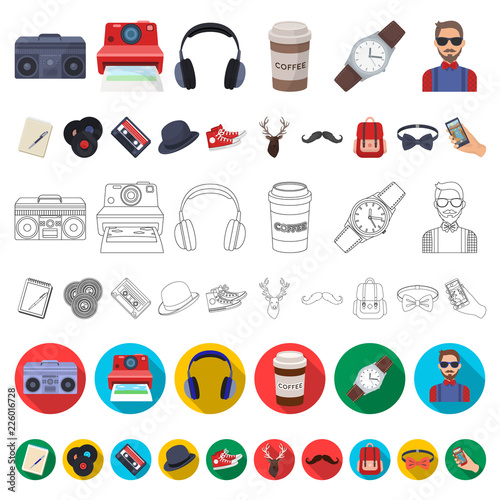 Style Hipster cartoon icons in set collection for design. Hipster Attributes and accessories vector symbol stock web illustration.