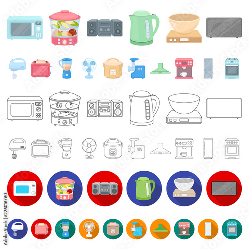 Types of household appliances cartoon icons in set collection for design.Kitchen equipment vector symbol stock web illustration.