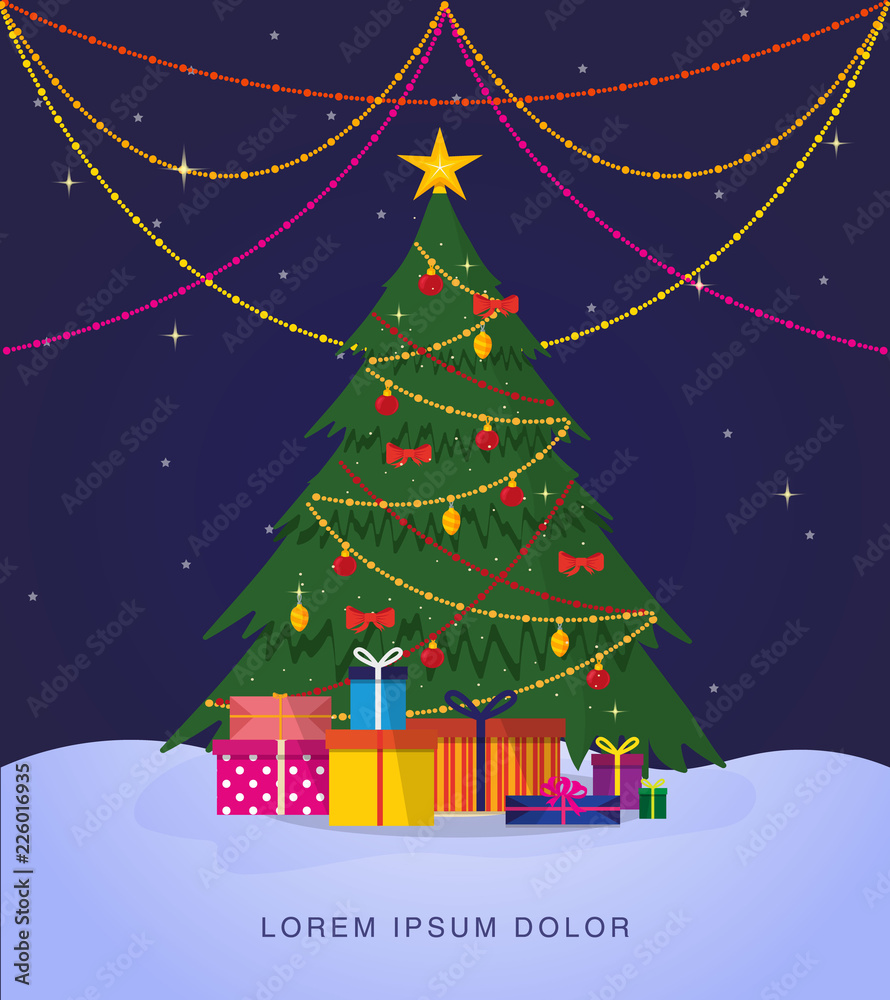 Naklejka premium Night christmas landscape. Decorated Christmas tree with gifts outdoor. Used as greeting card, banner or poster for New Year or Merry Christmas