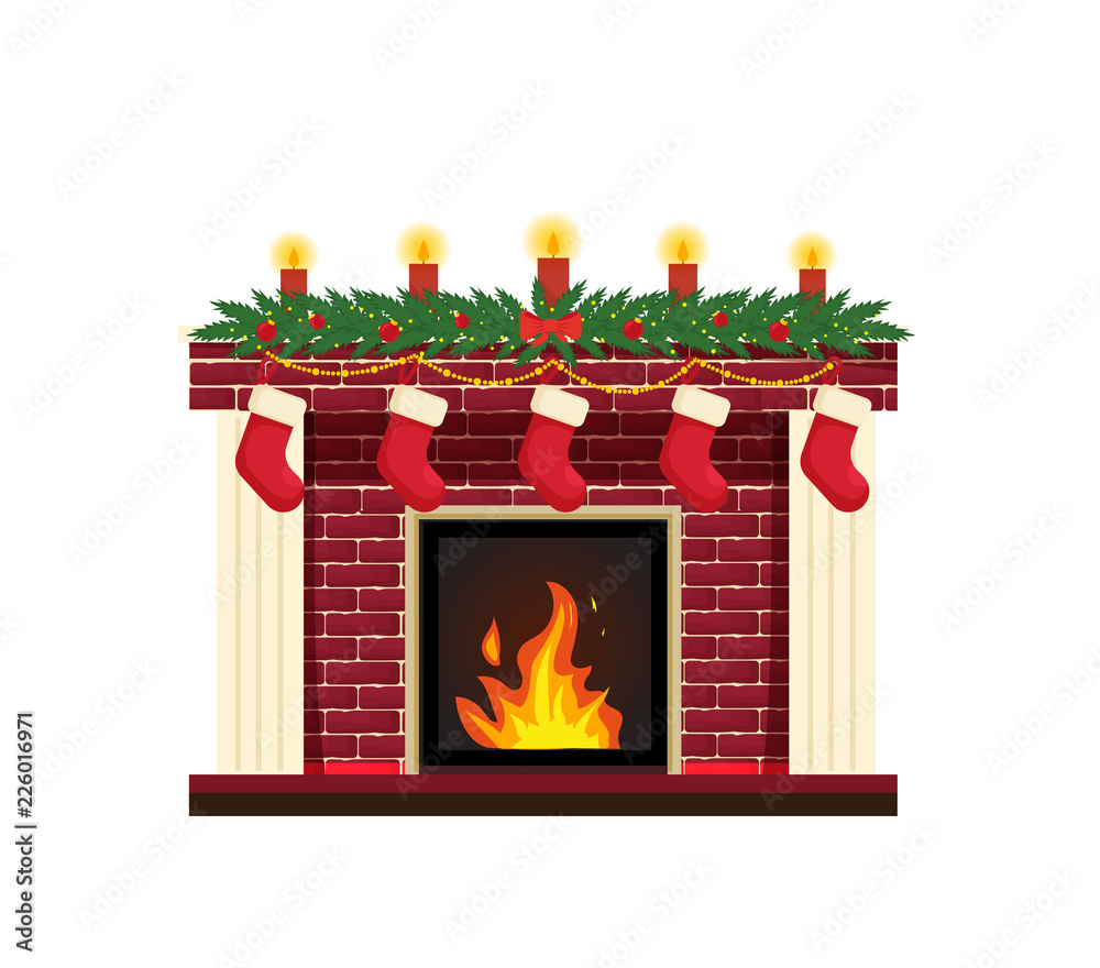 New Year's traditional fireplace. Christmas red brick classic fireplace with decorations as socks, candle garland. Isolated Vector Illustration New Year's traditional fireplace. Christmas red brick classic fireplace with decorations as socks, candle garland. Isolated Vector Illustration