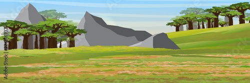 African savannah, baobab thickets and high mountain ranges. Realistic vector landscape. The nature of Africa