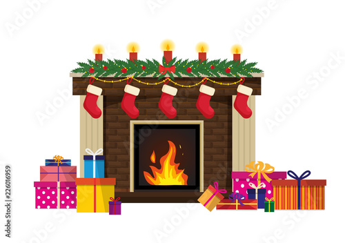 New Year's traditional fireplace. Christmas brown brick fireplace with such decorations as socks of a candle spruce branches, garland and gifts. Isolated Vector Illustration