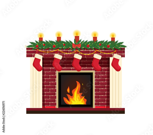 New Year's traditional fireplace. Christmas red brick classic fireplace with decorations as socks, candle  garland. Isolated Vector Illustration