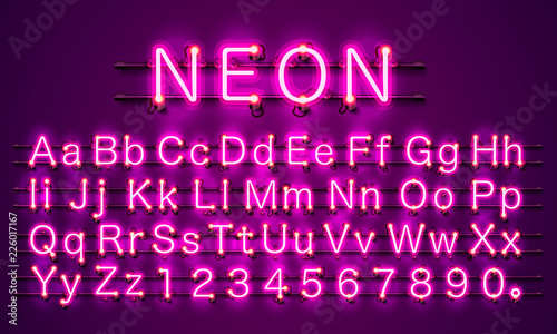 Neon banner text. Neon font city color purple, Alphabet font. Vector illustration