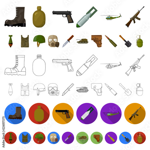 Army and armament cartoon icons in set collection for design. Weapons and equipment vector symbol stock web illustration.