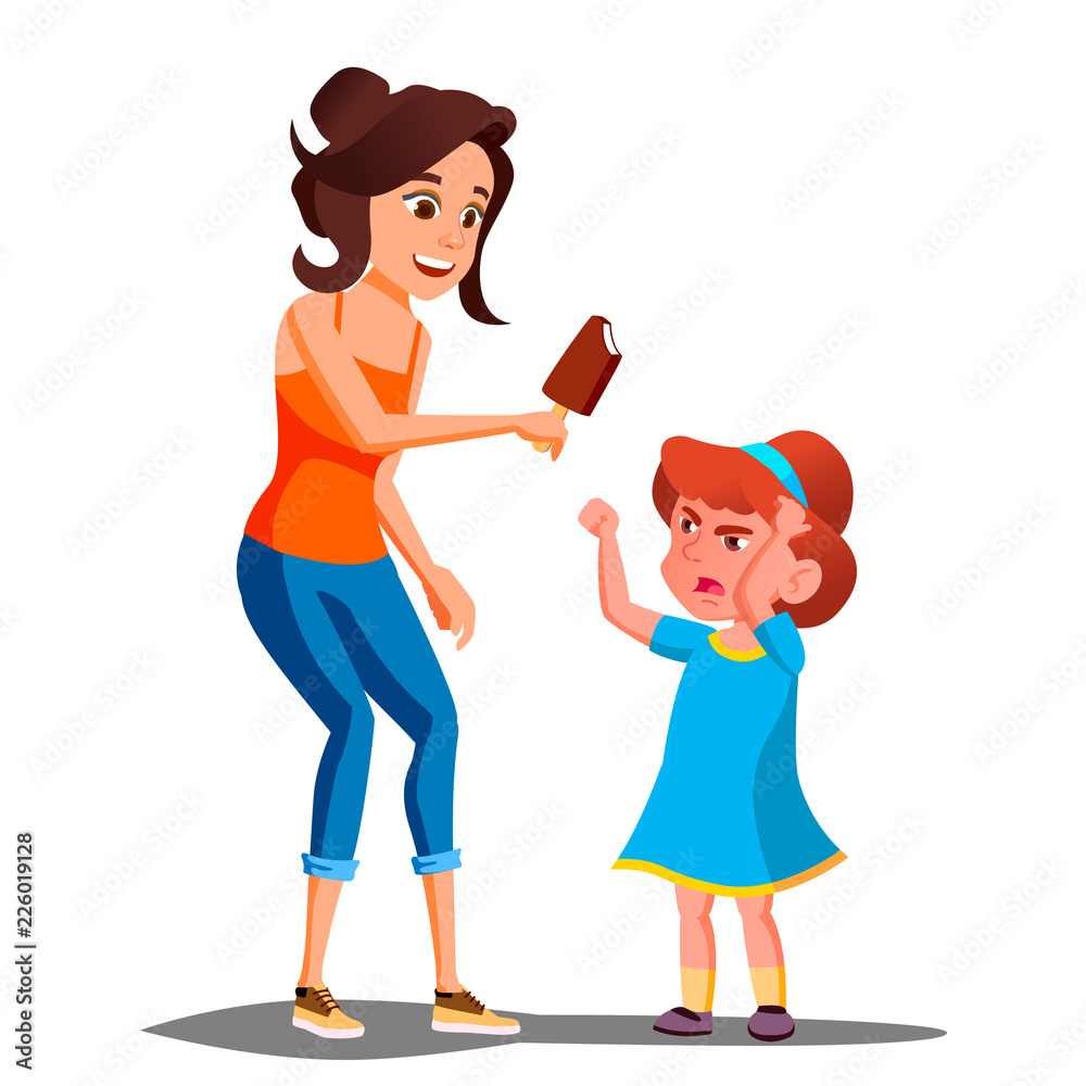 Mother Gives Ice Cream To A Crying Child Vector. Isolated Illustration Mother Gives Ice Cream To A Crying Child Vector. Isolated Illustration