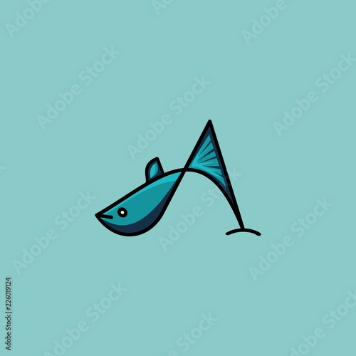 Fish logo abstract icon with A font symbol gestalt style in blue colors. Creative unique vector illustration.