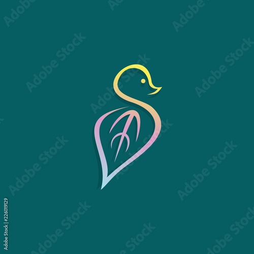Bird logo with leaf abstract icon template. Colorful creative gestalt style with green color vector.
