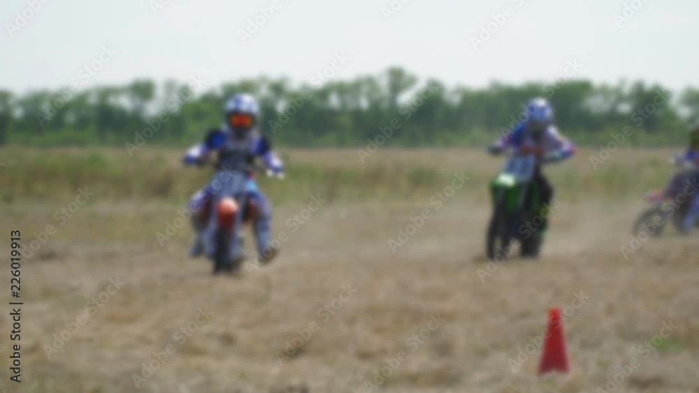 Blurred view. Training motorcycle rider of the Samara motor club. Enduro racer rides a motocross bike
