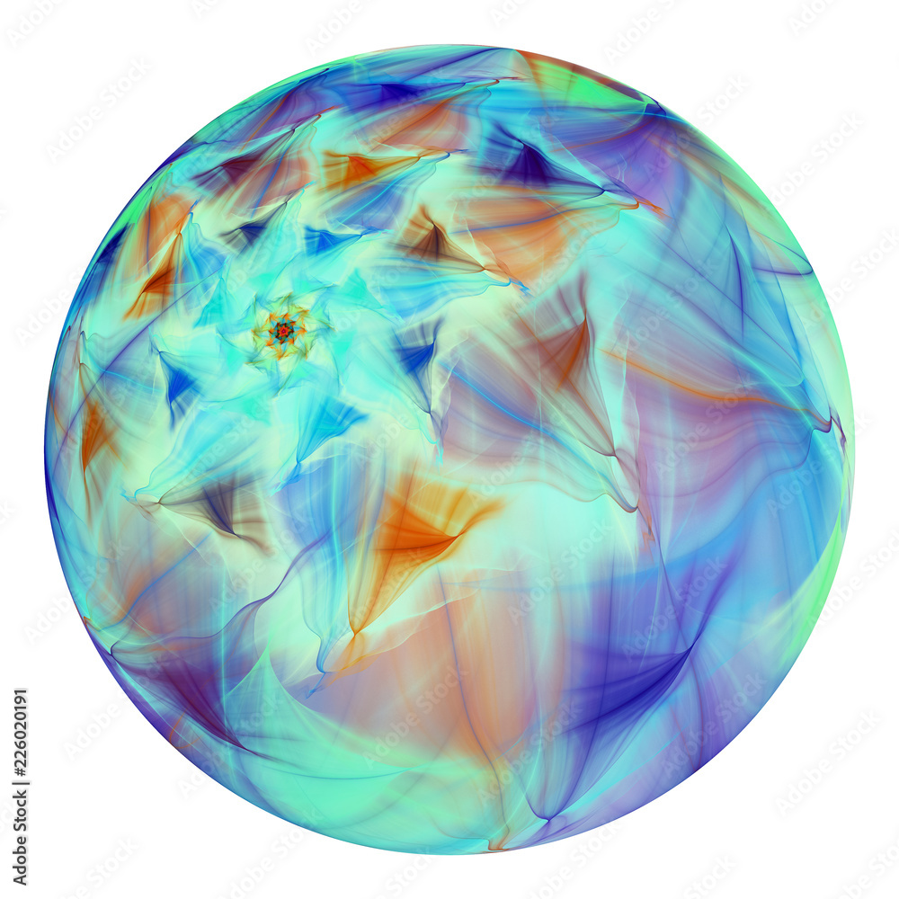 Beautiful exotic blue flower in crystal sphere. Fantasy fractal design. Psychedelic digital art. 3D rendering.
