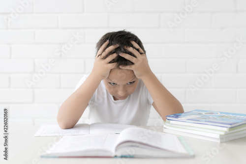 schoolboy teaches lessons, young kid, boy doing homework at home