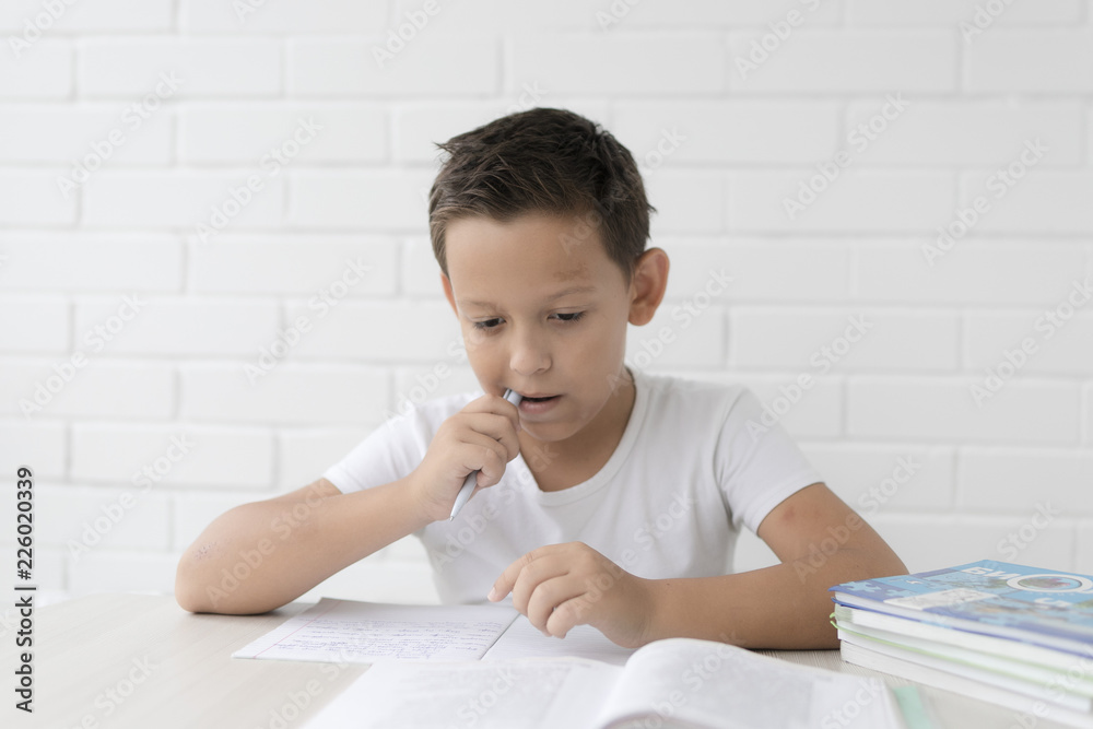 schoolboy doing homework studying science studyin, isolated on white background schoolboy doing homework studying science studyin, isolated on white background