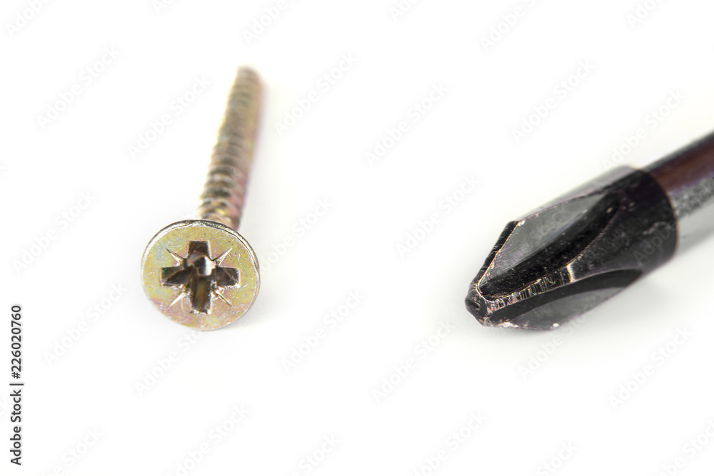 Closeup of the screw and screwdriver on the white background Closeup of the screw and screwdriver on the white background