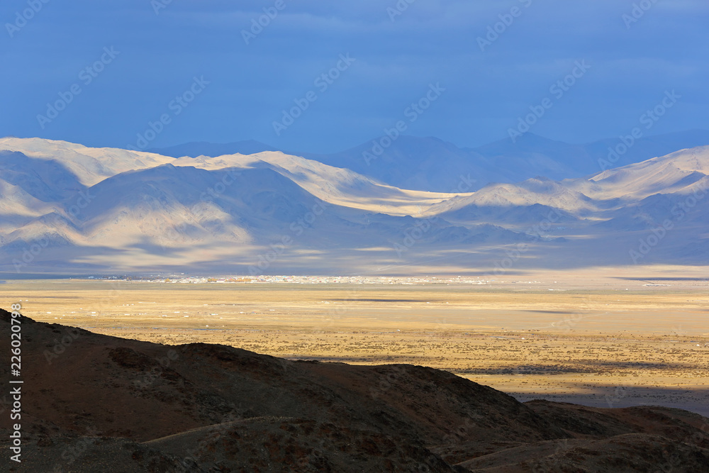 Beautiful landscapes of mountain and clouds with blue sky at Bayan-Ulgii Province in western Mongolia