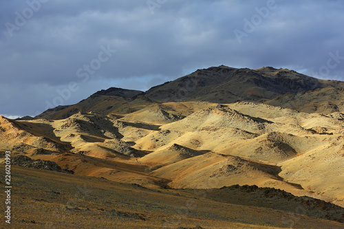 Beautiful evening light over the rocky steppe at Bayan-Ulgii Province in western Mongolia