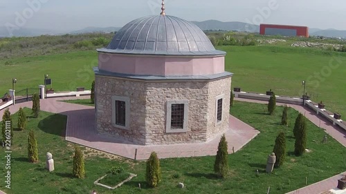 Gazi Mestan Bayraktarlar Mausoleum located near Pristina, Kosovo. Drone shots. photo