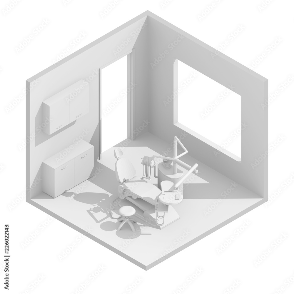 3d isometric rendering illustration of white dental chair room 3d isometric rendering illustration of white dental chair room