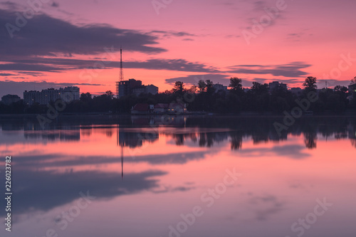 View on Ivano-Frankivsk city form the lake at sunrise