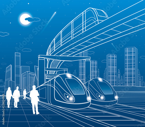 Two trains travel by rail. Monorail move to bridge. Modern night town. Urban scene. People walking at street. Airplane fly. White lines on blue background. Vector design art