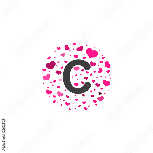 C Letter logo design with pink hearts, valentine day concept