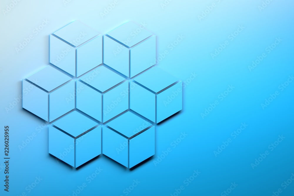 Large hexagon made of seven smaller hexagons composed of rhombuses. Hexagon over flat surface. Image in blue colors with copy blank space for text. 3d illustration. Large hexagon made of seven smaller hexagons composed of rhombuses. Hexagon over flat surface. Image in blue colors with copy blank space for text. 3d illustration.