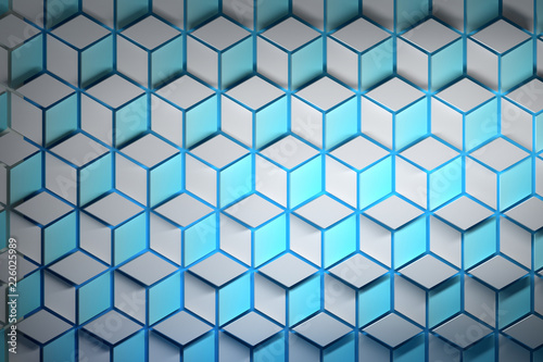 Colorful pattern with three dimensional hexagons made of rhombus in blue, gray and white colors. 3d illustration.